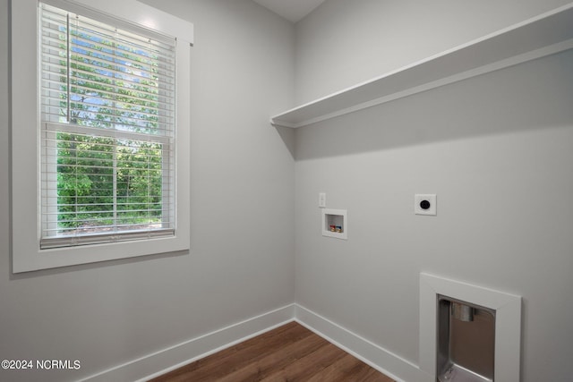 laundry area with wood-type flooring, hookup for an electric dryer, hookup for a washing machine, and a wealth of natural light