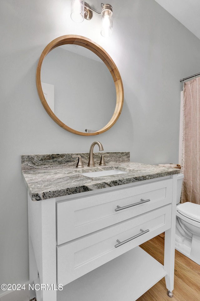 bathroom with hardwood / wood-style flooring, vanity, and toilet