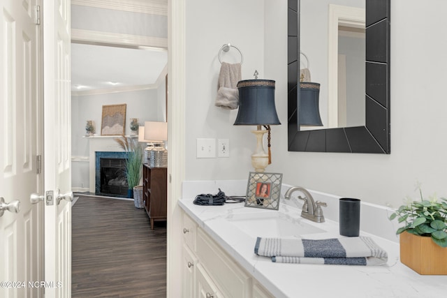 interior space featuring wood-type flooring, vanity, and crown molding