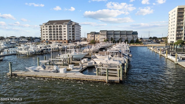 view of dock with a water view