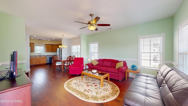 250 Riverside Dr, Sneads Ferry, NC 28460 - living area featuring dark wood-style floors, a ceiling fan, recessed lighting, and a chandelier
