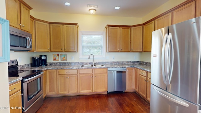 250 Riverside Dr, Sneads Ferry, NC 28460 - kitchen with stainless steel appliances, dark wood finished floors, and recessed lighting