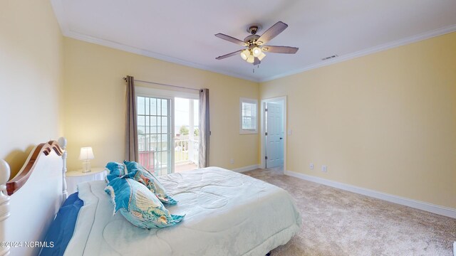 250 Riverside Dr, Sneads Ferry, NC 28460 - bedroom featuring light colored carpet, crown molding, ceiling fan, and access to outside
