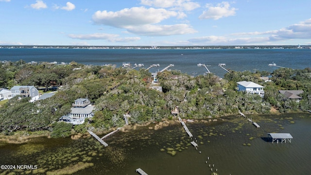 birds eye view of property featuring a water view