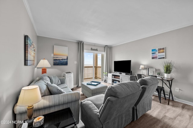 living room featuring crown molding and light hardwood / wood-style floors