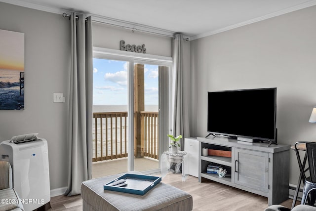 living room featuring crown molding, baseboard heating, and light hardwood / wood-style flooring