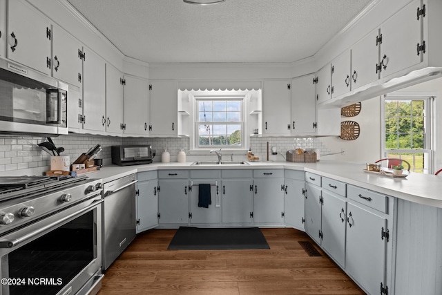 775 Gray Rd, Vanceboro, NC 28586 - kitchen featuring stainless steel appliances, a sink, a textured ceiling, dark wood-style flooring, and backsplash