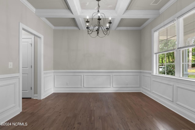 unfurnished dining area featuring a wainscoted wall, dark wood-style floors, coffered ceiling, an inviting chandelier, and beamed ceiling