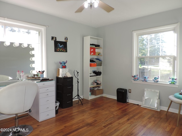 office area featuring ceiling fan and dark wood-type flooring