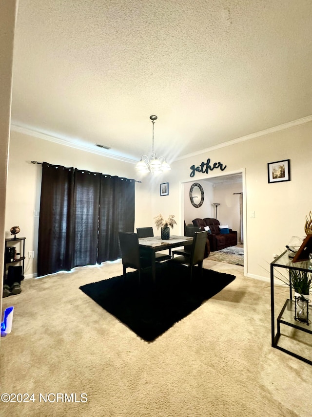 carpeted dining area featuring a chandelier, a textured ceiling, and crown molding