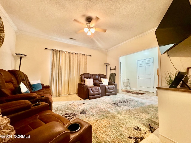 carpeted living room featuring ornamental molding, a textured ceiling, and ceiling fan