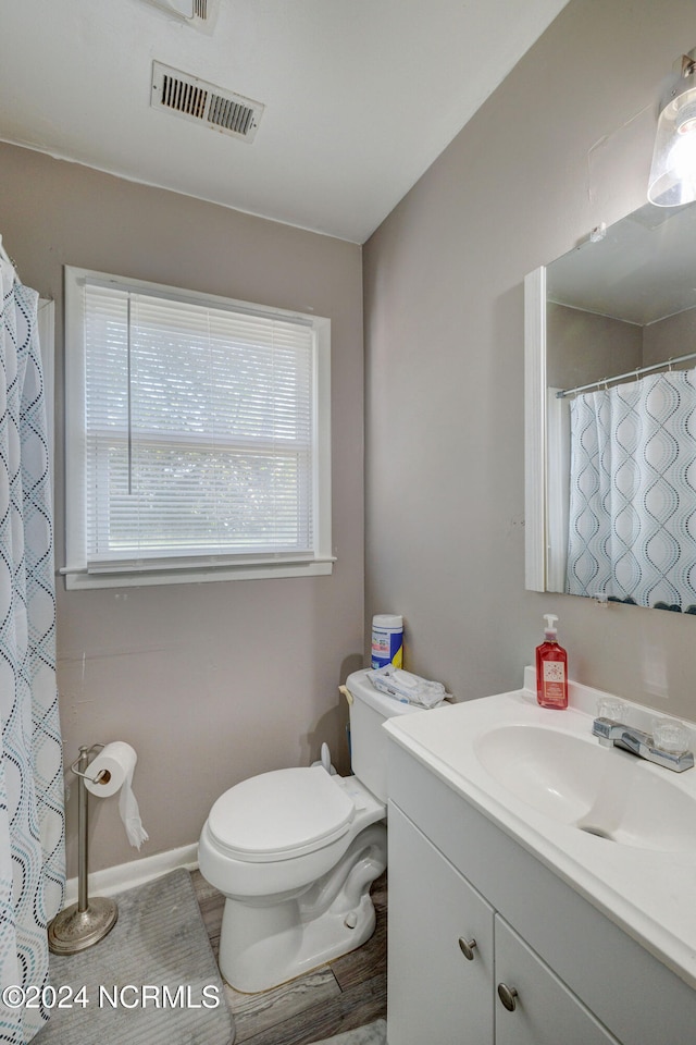 bathroom with wood-type flooring, vanity, and toilet