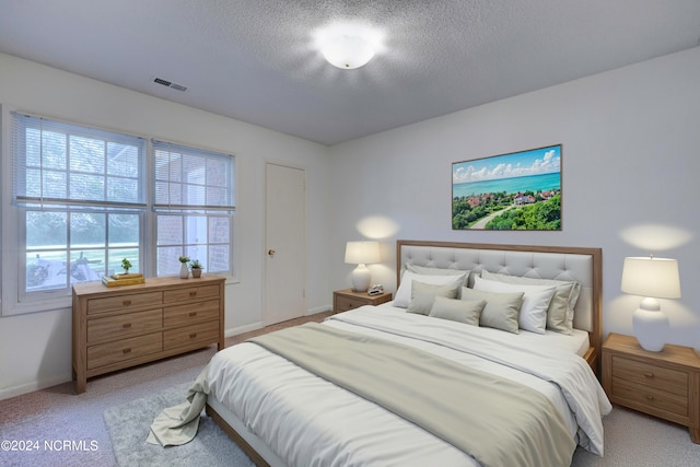 carpeted bedroom with a textured ceiling