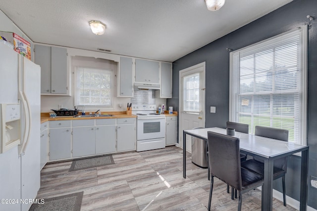 kitchen with wooden counters, plenty of natural light, and white appliances