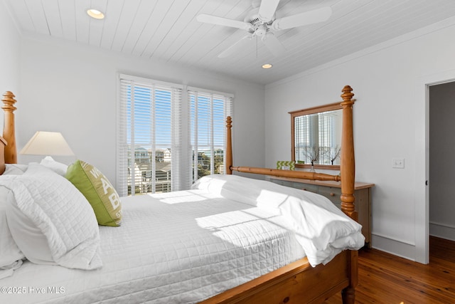 6615 W Beach Dr, Oak Island, NC 28465 - bedroom featuring hardwood / wood-style flooring, multiple windows, recessed lighting, a ceiling fan, and wood ceiling