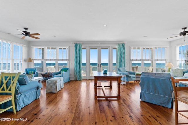 6615 W Beach Dr, Oak Island, NC 28465 - living area with a ceiling fan, hardwood / wood-style flooring, and recessed lighting