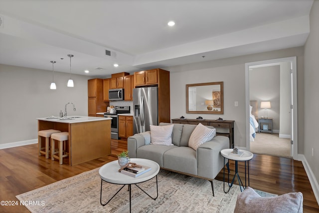 living room featuring sink and dark hardwood / wood-style flooring