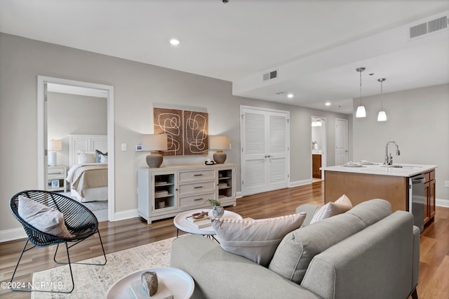 living room featuring wood-type flooring and sink