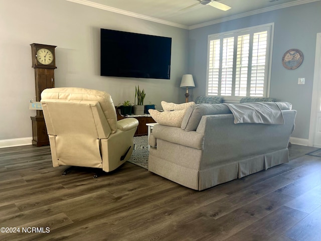 living room featuring ornamental molding, ceiling fan, and dark wood-type flooring