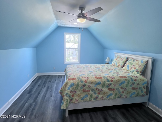 113 Evergreen Ln, Pine Knoll Shores, NC 28512 - bedroom featuring wood finished floors, baseboards, lofted ceiling, and a ceiling fan