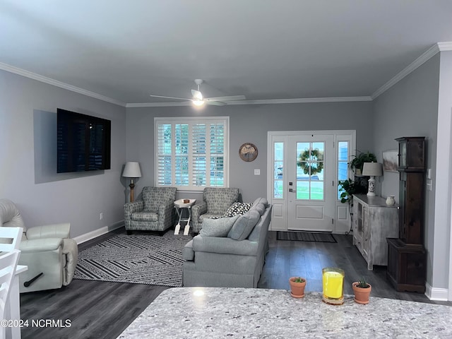 living room with crown molding, ceiling fan, and dark wood-type flooring