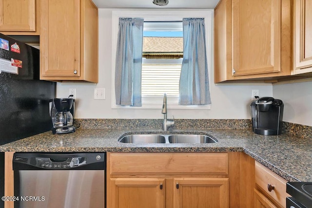 113 Scallop Ln, Carolina Beach, NC 28428 - kitchen featuring dishwasher, stove, light brown cabinets, and dark stone counters