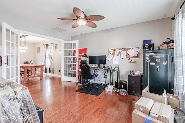 office featuring hardwood / wood-style floors, ceiling fan, and french doors