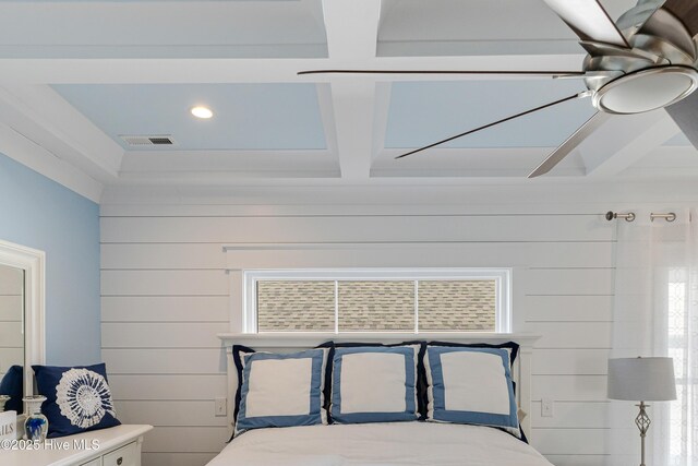 full bath featuring a wealth of natural light, beamed ceiling, tiled shower, and coffered ceiling