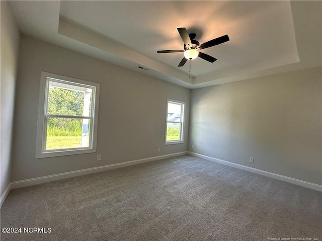 carpeted spare room featuring a raised ceiling, ceiling fan, and plenty of natural light