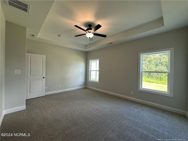 carpeted spare room with a wealth of natural light, a tray ceiling, and ceiling fan