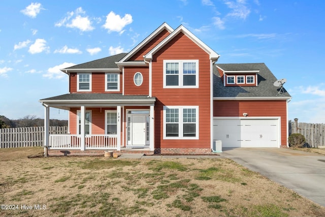 view of front of home featuring covered porch and a front lawn