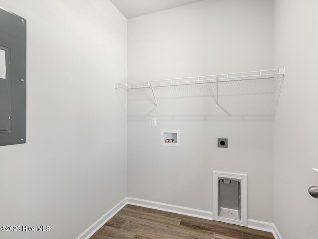 laundry area with hookup for an electric dryer, laundry area, washer hookup, wood finished floors, and electric panel