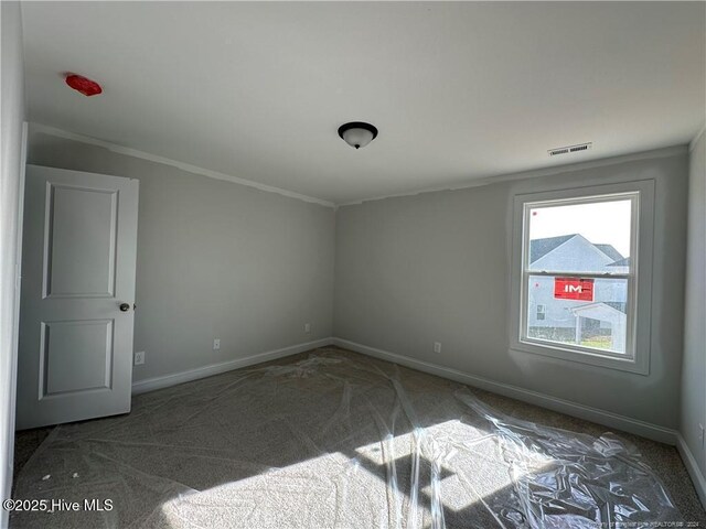 carpeted empty room featuring ornamental molding