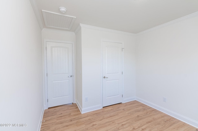 unfurnished bedroom featuring light hardwood / wood-style floors and ornamental molding