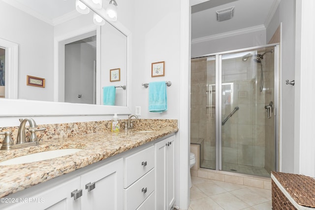 bathroom featuring crown molding, an enclosed shower, vanity, tile patterned floors, and toilet