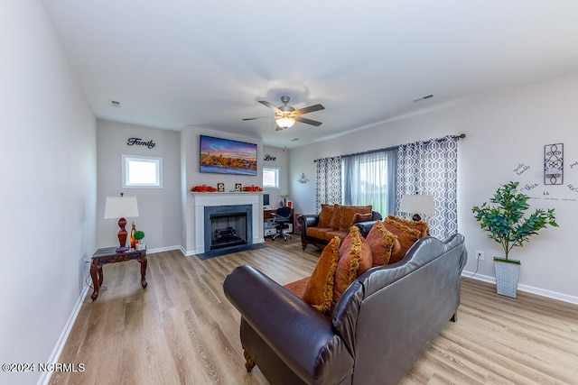 living room featuring ceiling fan, light hardwood / wood-style floors, and a healthy amount of sunlight