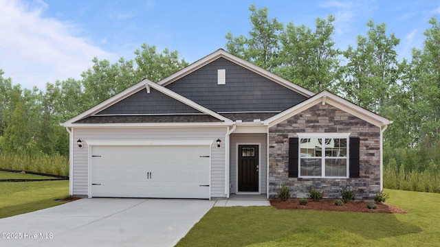 view of front of home with a garage, concrete driveway, and a front lawn