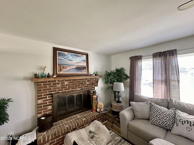 living room with a fireplace and wood-type flooring