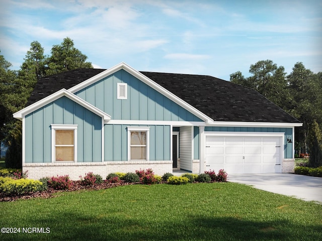 modern inspired farmhouse with driveway, board and batten siding, an attached garage, a front yard, and brick siding
