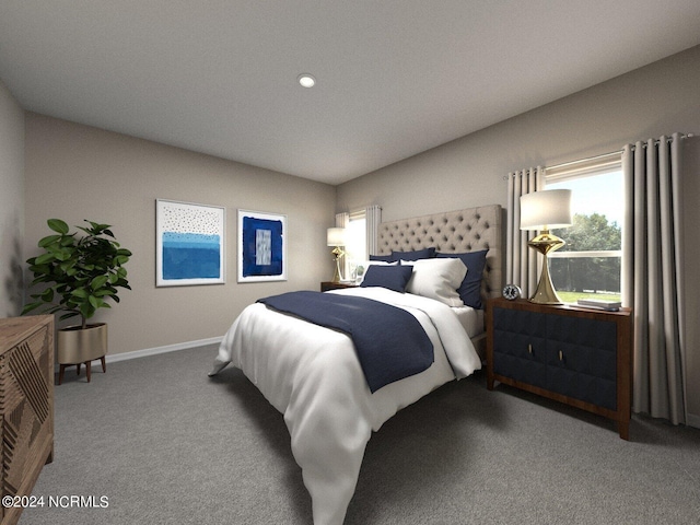 carpeted bedroom featuring recessed lighting and baseboards