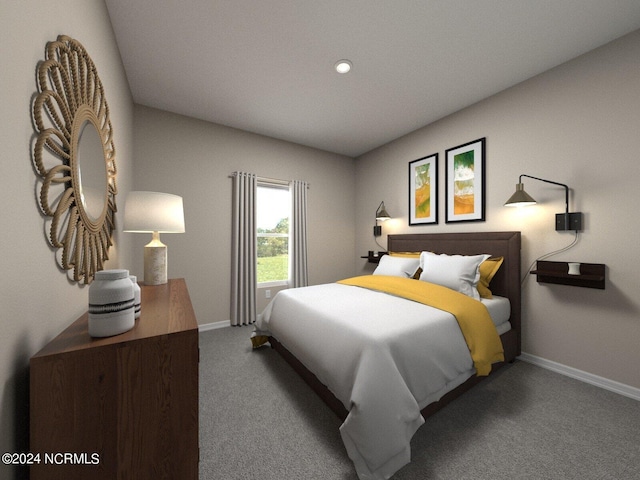 carpeted bedroom featuring baseboards and recessed lighting