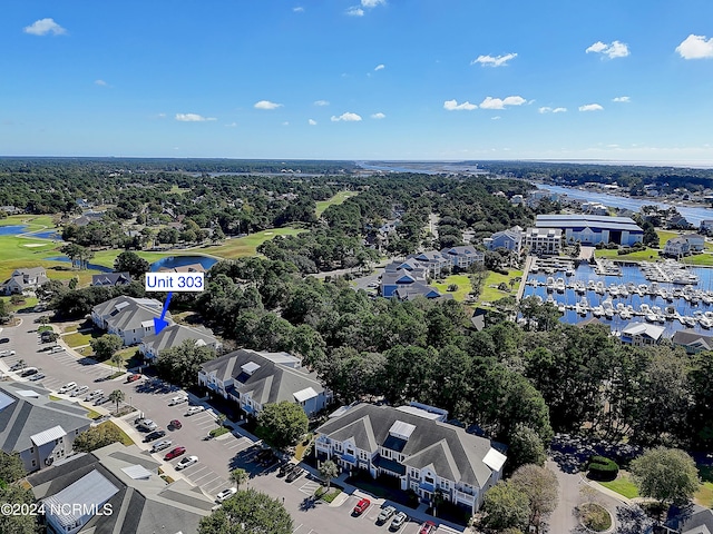 bird's eye view with a water view