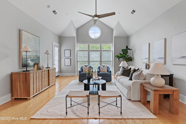 2537 St James Dr SE Unit 303, Southport, NC 28461 - living area with light wood finished floors, high vaulted ceiling, a ceiling fan, and baseboards
