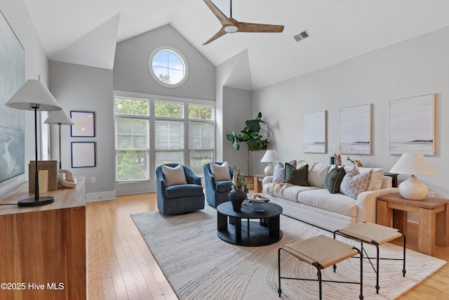 2537 St James Dr SE Unit 303, Southport, NC 28461 - living room with high vaulted ceiling, ceiling fan, and light wood finished floors