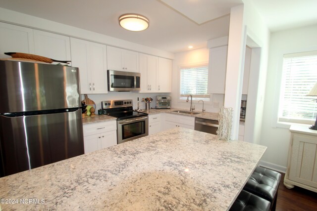 kitchen featuring light stone countertops, sink, stainless steel appliances, and a wealth of natural light