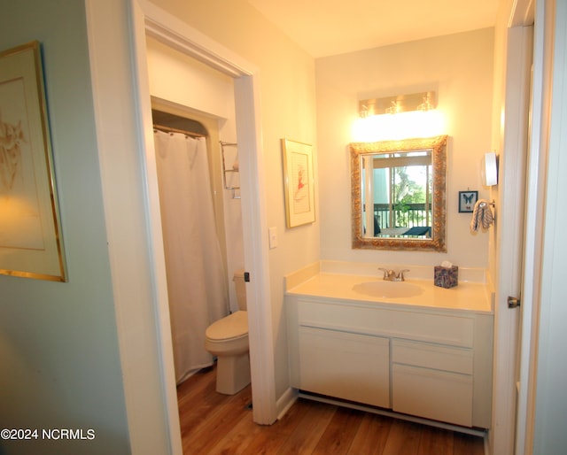 bathroom featuring vanity, hardwood / wood-style floors, and toilet