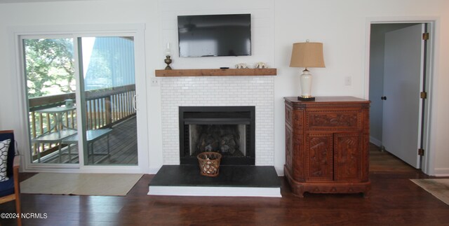 living room featuring a fireplace and dark wood-type flooring