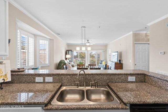 kitchen with crown molding, dishwasher, sink, and ceiling fan