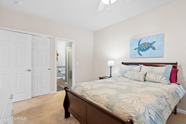 carpeted bedroom featuring ceiling fan and a closet