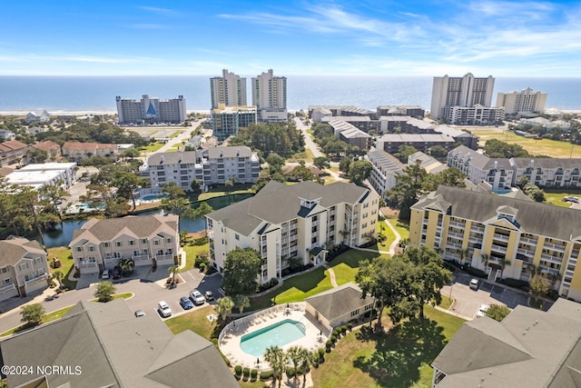 bird's eye view with a water view